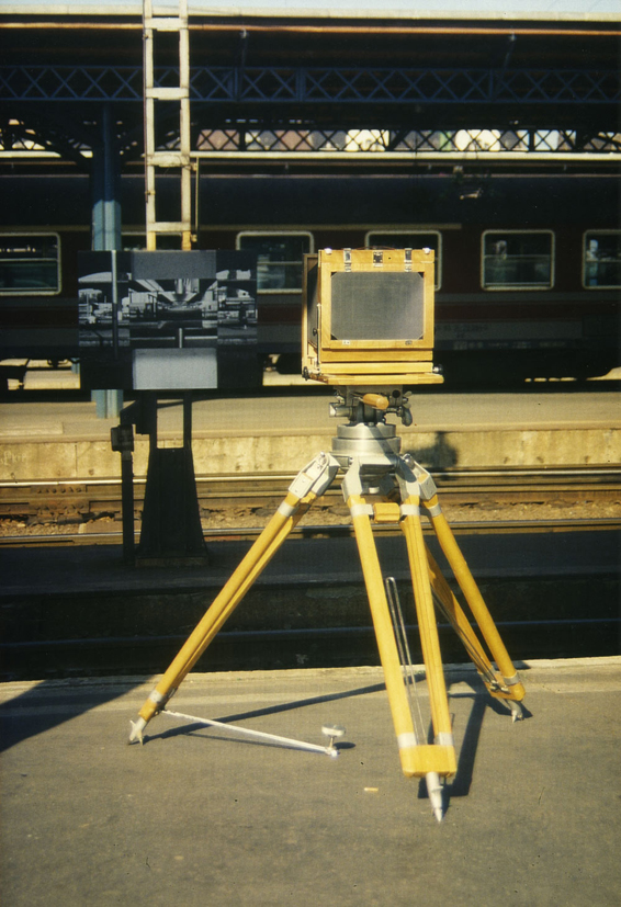 A photo project entitled "Duesseldorf-Munich-Ljubljana-Budapest" by Nika Span / Nika Špan. Materials: a mounted black-and-white photograph. Exhibition: Time as Structure, Method as Meaning, Stúdió Galéria, Budapest, Hungary