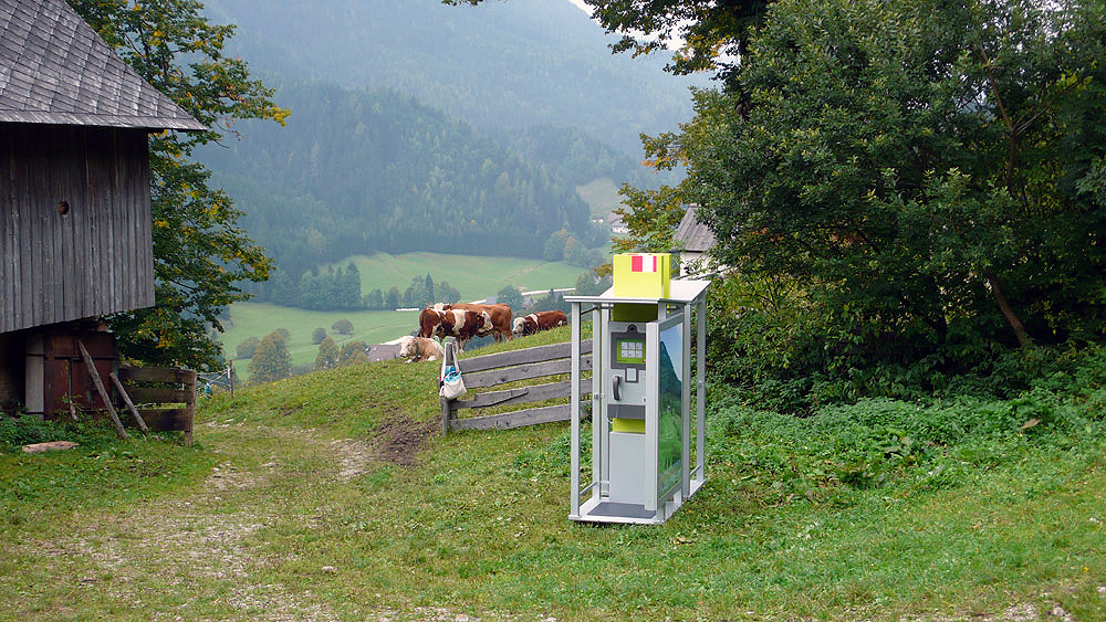 Art, artwork. A project entitled "Guggenheim Krištan" by Kruno Stipesevic and Nika Span / Nika Špan. Two telephone boxes with advertising panels. Material: Wood, paint, two prints, an internet page. Project: Trilateral project Klopfzeichnen/Colp/Potrkavanje 2009/10; Krištan Farm, Zell-Freibach/Sele-Borovnica, Austria