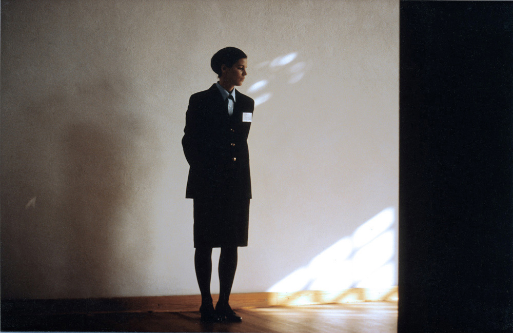 Art, artwork. A performance Ready-made entitled "Waiting Room" by Nika Span / Nika Špan. Material: A guard’s uniform with a label. Exhibition: Eller-Bahnhof 1, Eller Railway station, Duesseldorf, Germany.